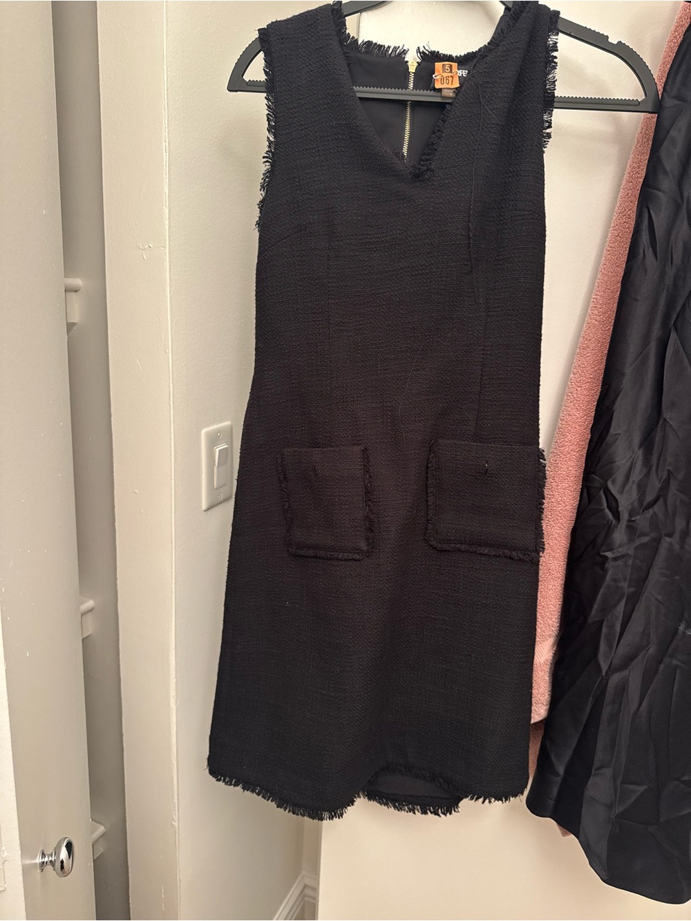 Sleeveless Black Tweed Mini Dress with Fringe Detail